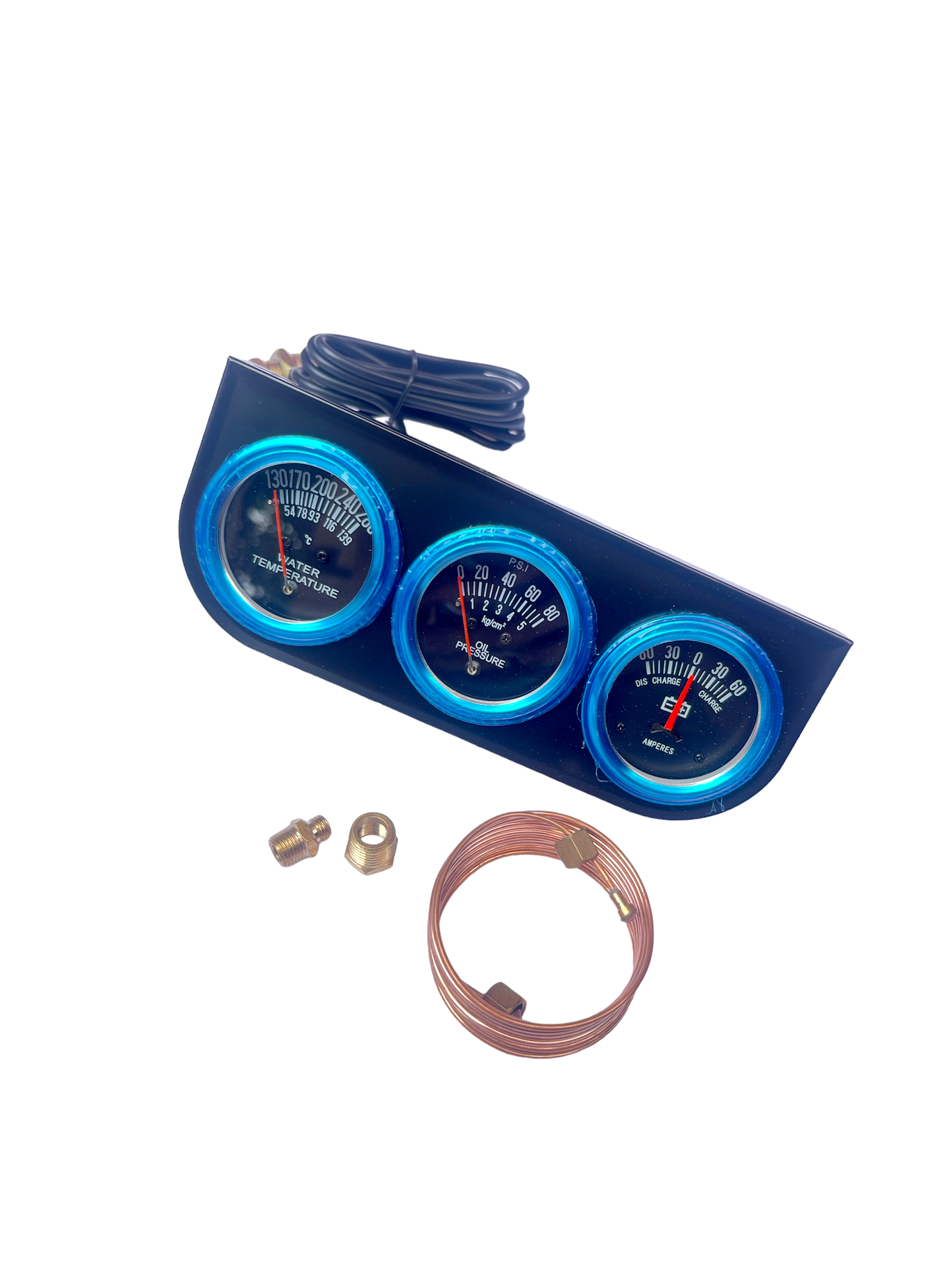 RELOJ AMPERIMETRO / PRESION DE ACEITE / TEMPERATURA DEL AGUA /41.42.43AB  / 72″ MEDIDOR MECANICO TRIO NEGRO PANEL